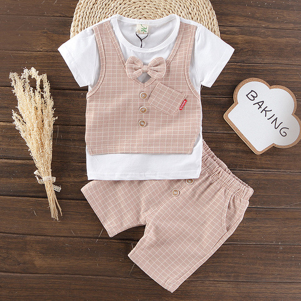 Set copii modern pentru baieti in doua parti - tricou cu imitatie vesta + pantaloni in doua culori