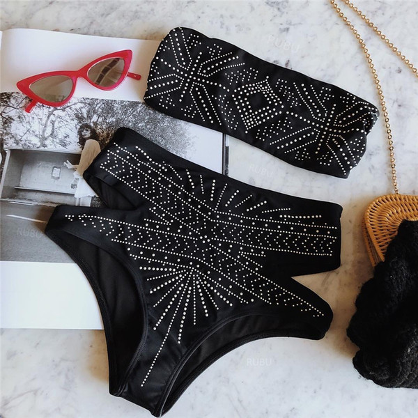 Nou costum de baie modern, din două piese, de damă, în negru, cu mărgele decorative și bikini cu talie înaltă