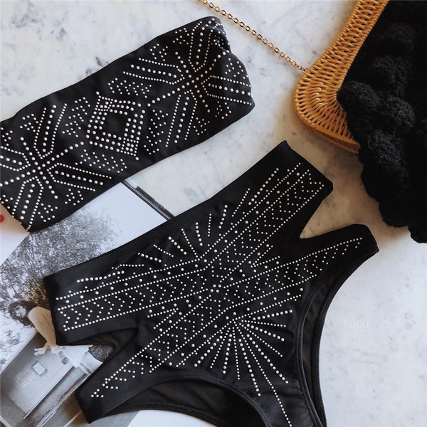 Nou costum de baie modern, din două piese, de damă, în negru, cu mărgele decorative și bikini cu talie înaltă