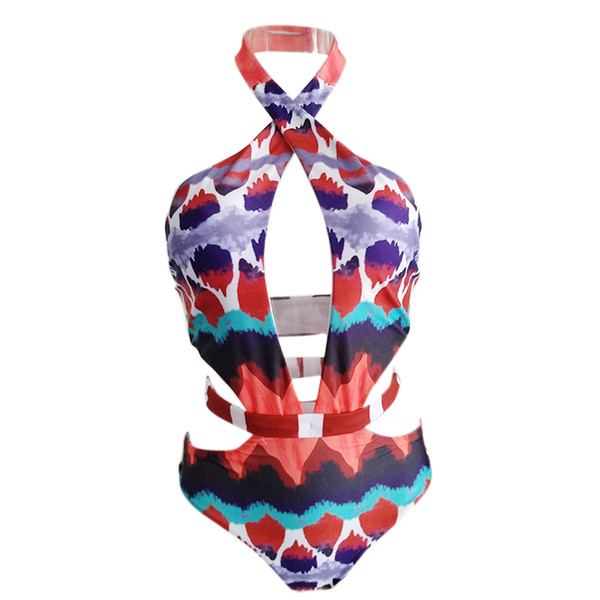 Κομψό και πολύχρωμο γυναικείο μαγιό  -  με διακοσμητικό μοτίβο και διαγώνιο λαιμό