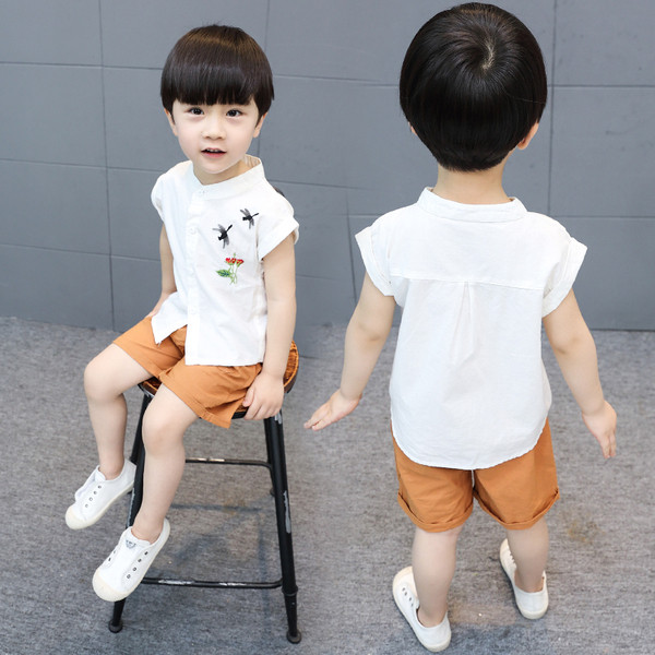 Set proaspăt de vară pentru copii pentru cămașă pentru băieți cu mini broderie și pantaloni scurți