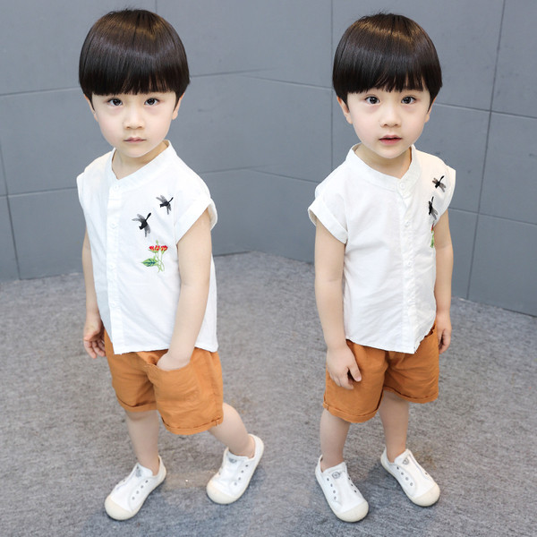 Set proaspăt de vară pentru copii pentru cămașă pentru băieți cu mini broderie și pantaloni scurți