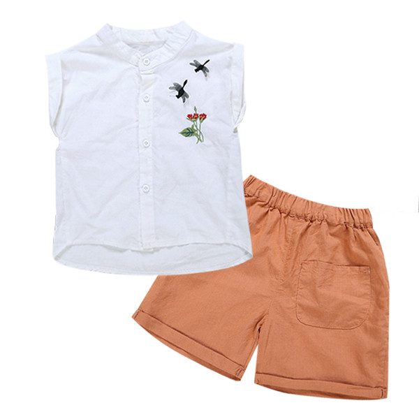 Set proaspăt de vară pentru copii pentru cămașă pentru băieți cu mini broderie și pantaloni scurți