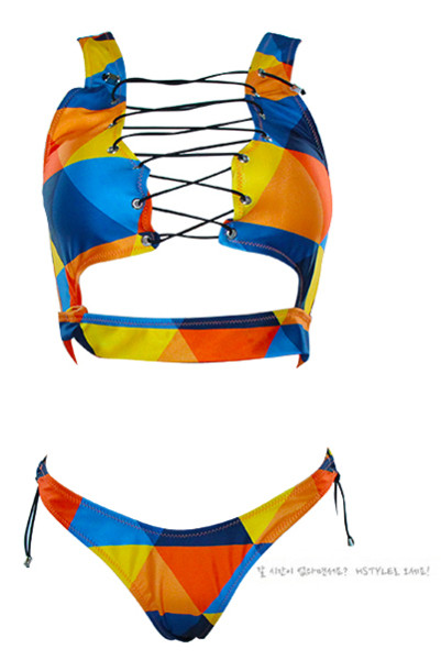 Costum de baie extravagant de damă în 2 părți cu legături încrucișate pe partea de sus - 5 modele