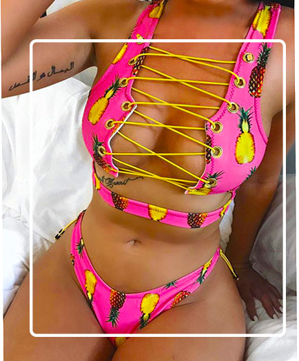 Costum de baie extravagant de damă în 2 părți cu legături încrucișate pe partea de sus - 5 modele