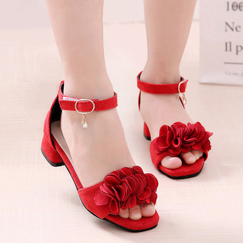 Модерни детски сандали с ток и 3D декорация в три цвята - черен, розов и червен