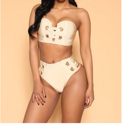 2018 Costum de baie modern pentru femei în două părți în trei culori cu inele și panglici metalice decorative