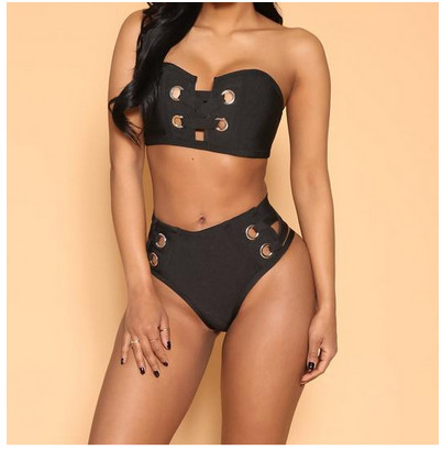 2018 Costum de baie modern pentru femei în două părți în trei culori cu inele și panglici metalice decorative