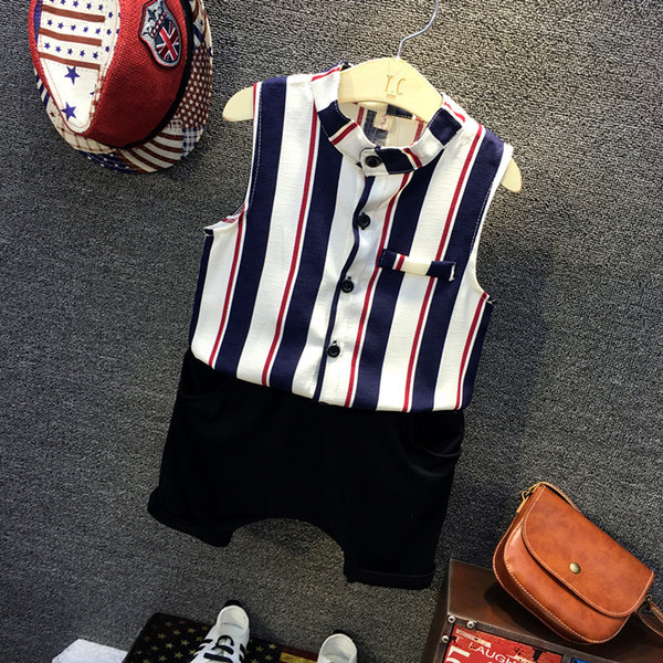 Set sport modern pentru copii de zi cu zi pentru băieți în două părți maiou cu dungi + pantaloni scurți tip Potur