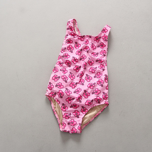 Costum intreg pentru fete pentru copii in roz cu imprimeu si spate gol cu dungi incrucisate