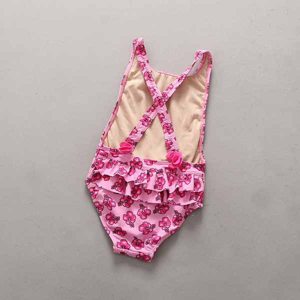 Costum intreg pentru fete pentru copii in roz cu imprimeu si spate gol cu dungi incrucisate