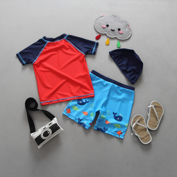 Costume de baie pentru băieți - tricou, pantaloni scurți și pălărie