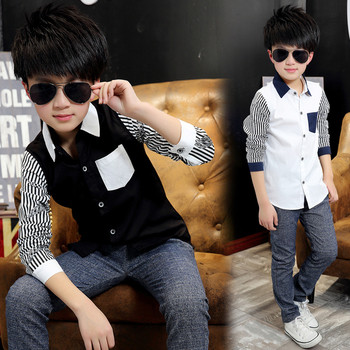 Κομψό παιδικό πουκάμισο για αγόρια με τσέπη και ριγέ μανίκια σε τρία χρώματα