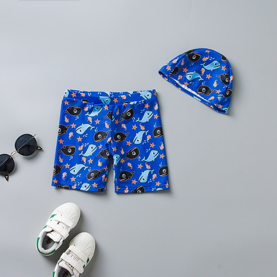Детски бански за момчета в син цвят с принт и шапка