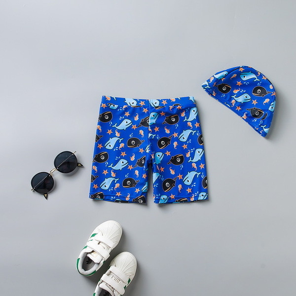 Costum de baie pentru baieti pentru copii in albastru cu imprimeu si palarie