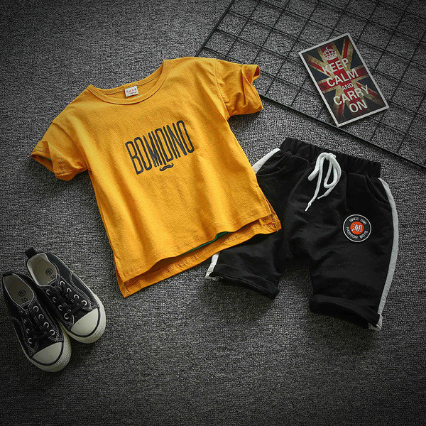 Set zilnic sport pentru copii pentru baieti cu inscriptie si aplicare color pe spate in trei culori