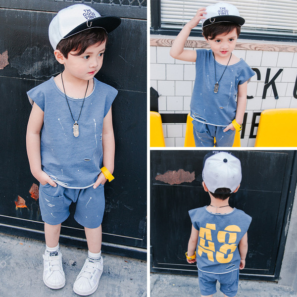 Set casual pentru copii pentru baieti cu efect de culoare si imprimeu pe spate in trei culori proaspete