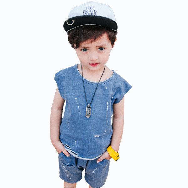 Set casual pentru copii pentru baieti cu efect de culoare si imprimeu pe spate in trei culori proaspete