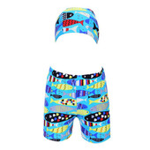 Costum de baie pentru baieti pentru copii cu palarie, in albastru cu imprimeu