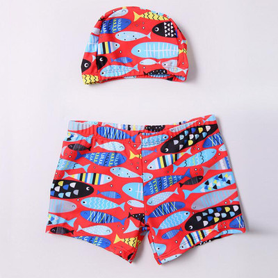 Costum de baie pentru baieti pentru copii cu palarie, in albastru cu imprimeu
