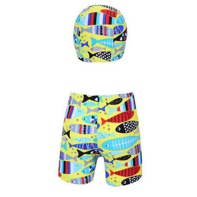 Costum de baie pentru baieti pentru copii cu palarie, in albastru cu imprimeu