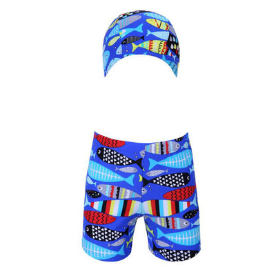 Costum de baie pentru baieti pentru copii cu palarie, in albastru cu imprimeu