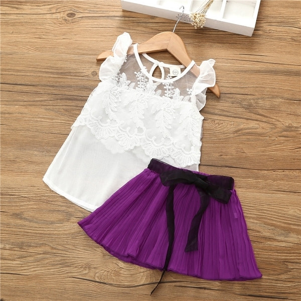 Set copii elegant și eter pentru fete în două părți - maiou cu dantelă și căptușeală + fustă cu curea în mai multe culori