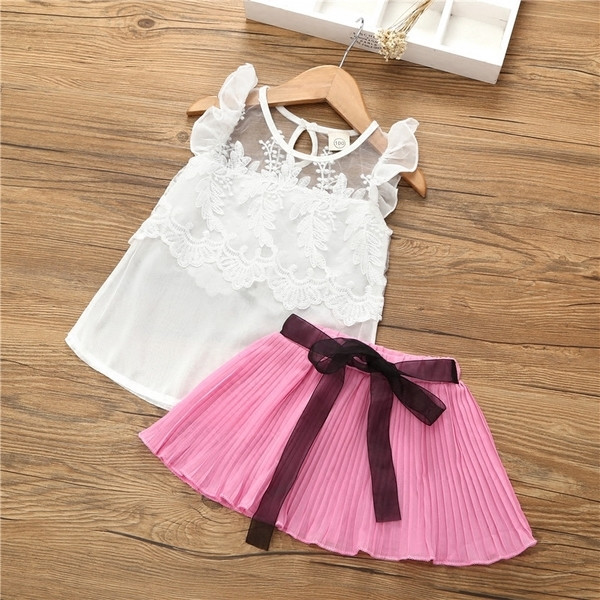 Set copii elegant și eter pentru fete în două părți - maiou cu dantelă și căptușeală + fustă cu curea în mai multe culori