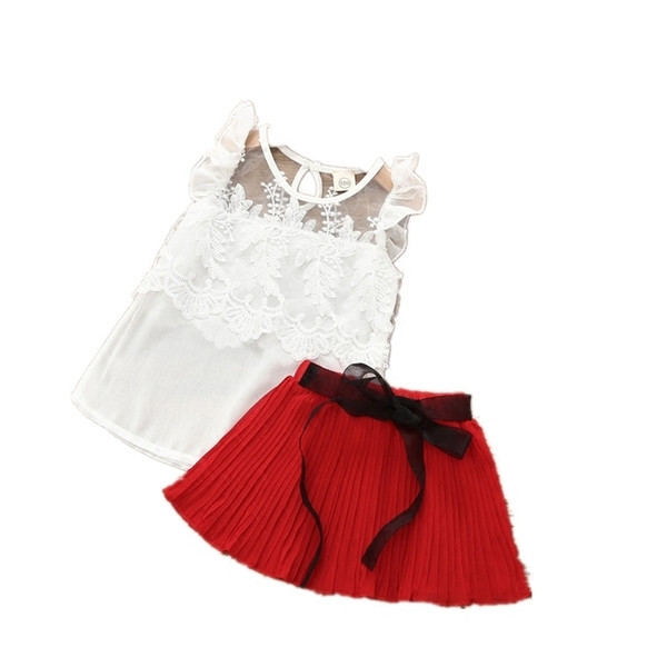 Set copii elegant și eter pentru fete în două părți - maiou cu dantelă și căptușeală + fustă cu curea în mai multe culori