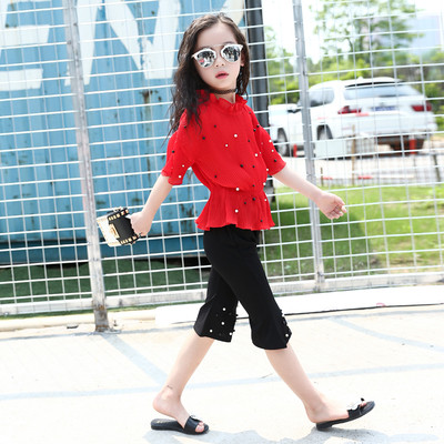 Set pentru copii modern pentru fete în două părți - bluză + pantaloni cu perle decorative în alb și roz