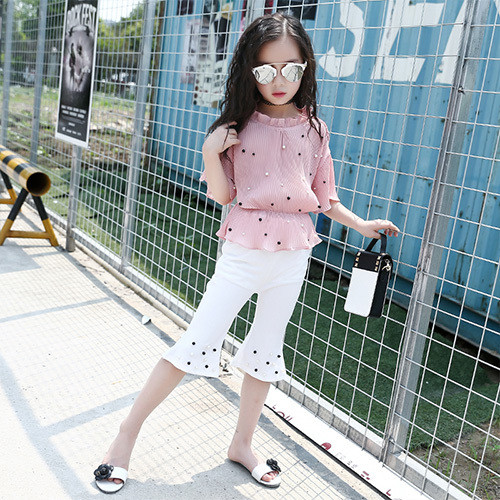 Set pentru copii modern pentru fete în două părți - bluză + pantaloni cu perle decorative în alb și roz