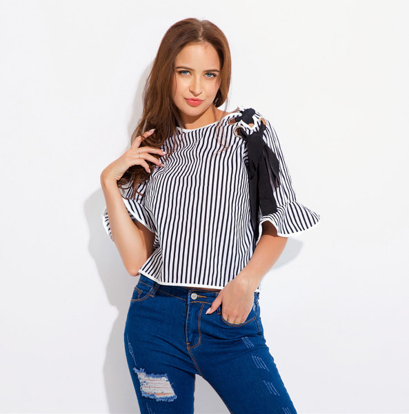 Bluza de vara dama in dungi cu maneci 3/4 cu panglica