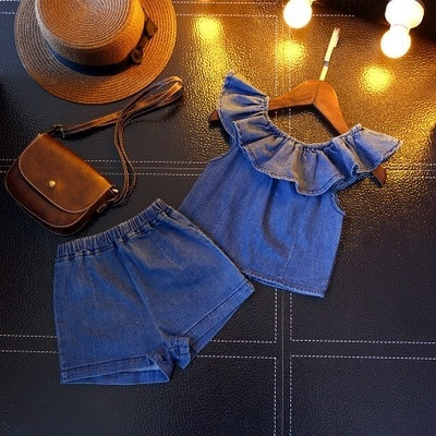 Set de denim pentru copii modern pentru fete în două părți - maiou + pantaloni scurți