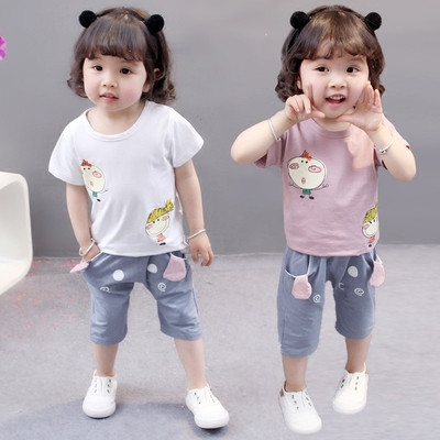 Детски спортно-ежедневен комплект за момичета от две части- тениска с цветна апликация + панталони с дълбоки джобове в два цвята