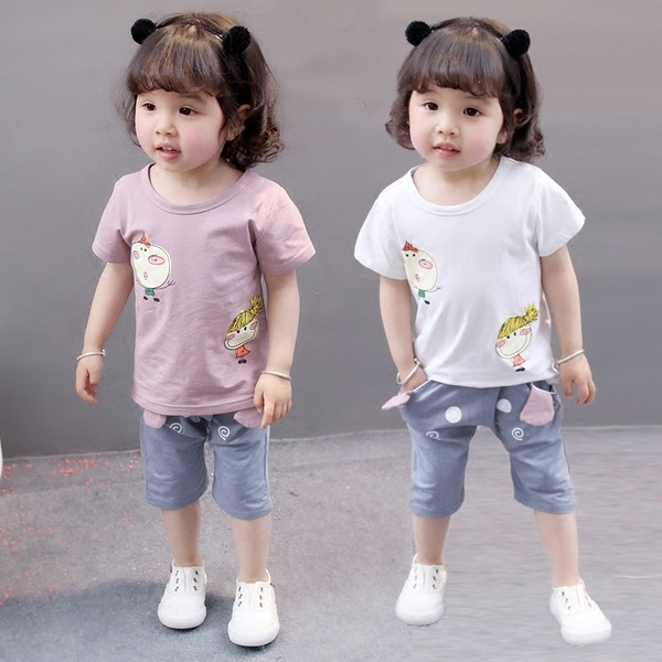 Set sport-casual pentru copii pentru fete în două părți - Tricou cu aplicație colorată + pantaloni cu buzunare adânci în două culori