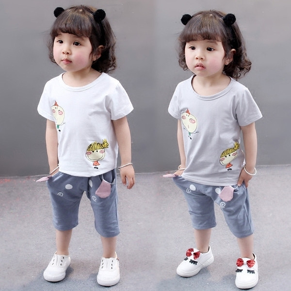 Set sport-casual pentru copii pentru fete în două părți - Tricou cu aplicație colorată + pantaloni cu buzunare adânci în două culori