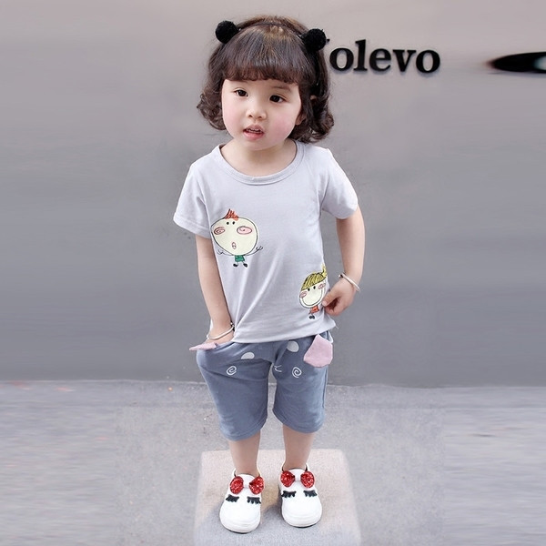 Set sport-casual pentru copii pentru fete în două părți - Tricou cu aplicație colorată + pantaloni cu buzunare adânci în două culori