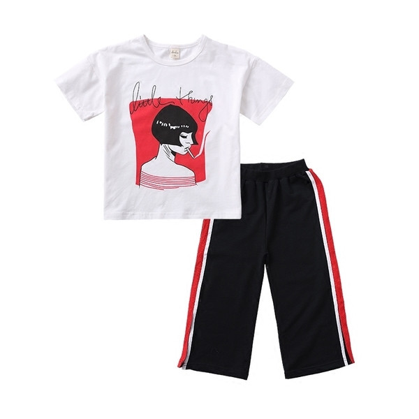 Set sport pentru copii modern pentru fete în două părți - tricou cu imprimeu + pantaloni în stil liber cu margini colorate și fante