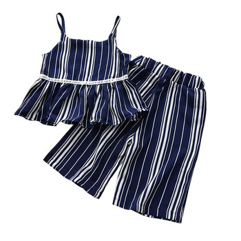 Κομψό παιδικό καλοκαιρινό σετ για κορίτσια δύο κομματιών - μπολουζάκη + μακρύ παντελόνι σε freestyle σε σκούρο μπλε χρώμα