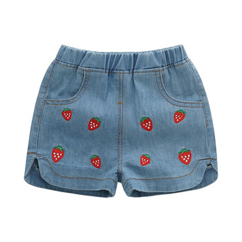 Детски къси дънки с мини щампи - ягодки за момичета
