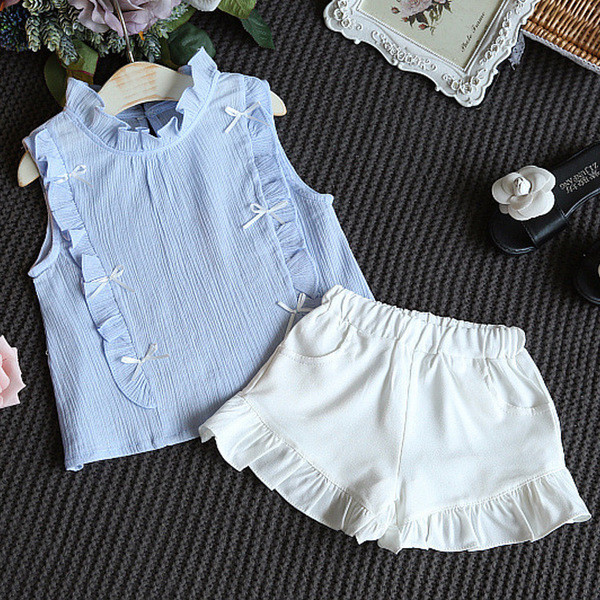 Set de vară pentru copii aerisit pentru fete în două părți - maiou cu panglică + pantaloni scurți în două culori