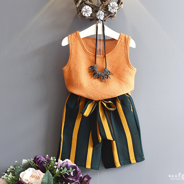 Set pentru copii elegant pentru fete in doua parti - maiou + pantaloni in dungi cu cravate in doua culori