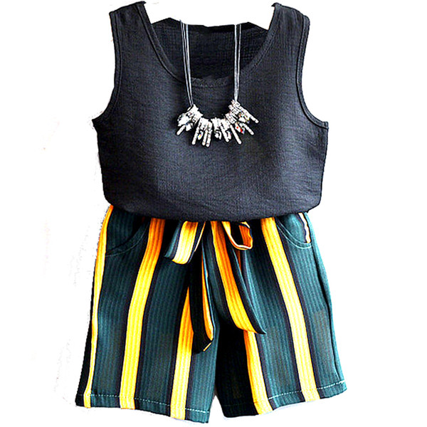 Set pentru copii elegant pentru fete in doua parti - maiou + pantaloni in dungi cu cravate in doua culori