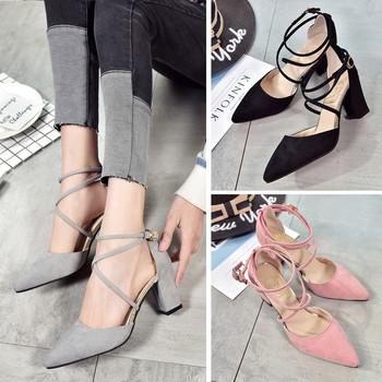 Дамски обувки остри с ток с кръстосани каишки - три цвята