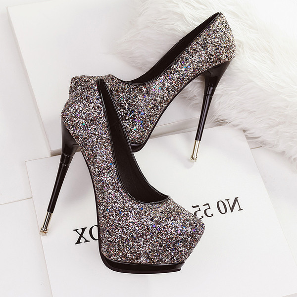 Pantofi de dama stralucitori cu toc in trei culori