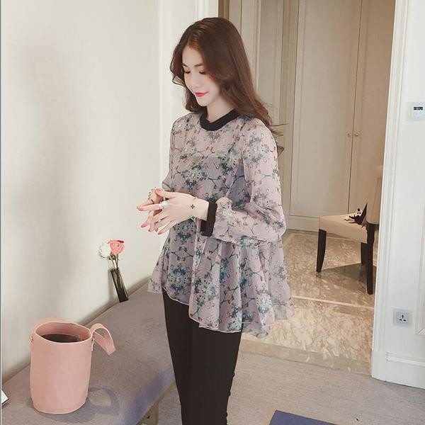 Cămașă de damă din șifon în două părți cu motive florale în mai multe culori