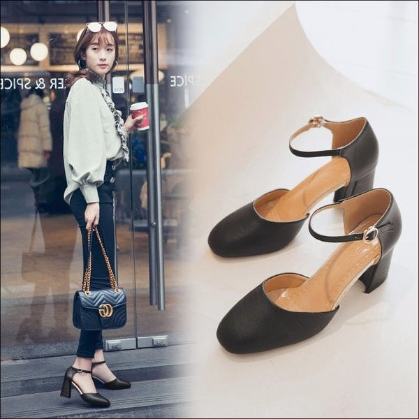 Pantofi dama casual rotunjiti cu toc gros cu bareta - doua culori