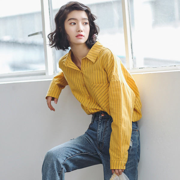 Cămașă casual de damă cu dungi în alb și galben