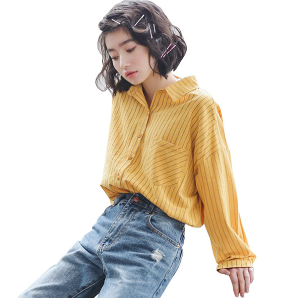 Cămașă casual de damă cu dungi în alb și galben