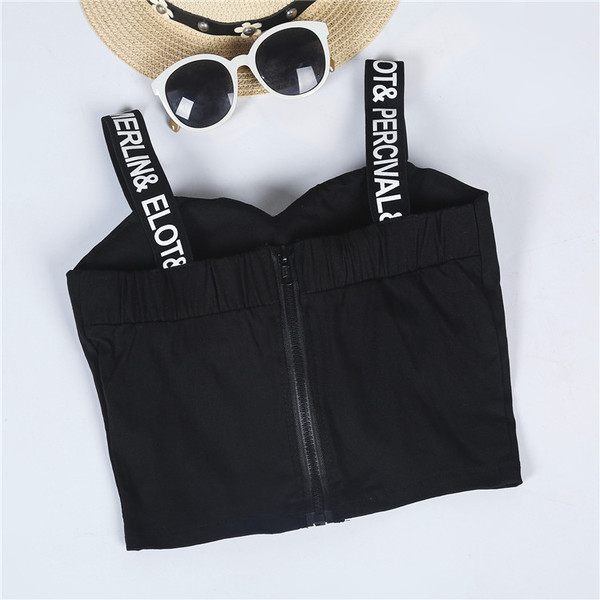 Top de vară alb-negru cu bretele subțiri cu inscripție